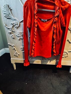 Anne Fontaine Red Ruffled Cardigan Set